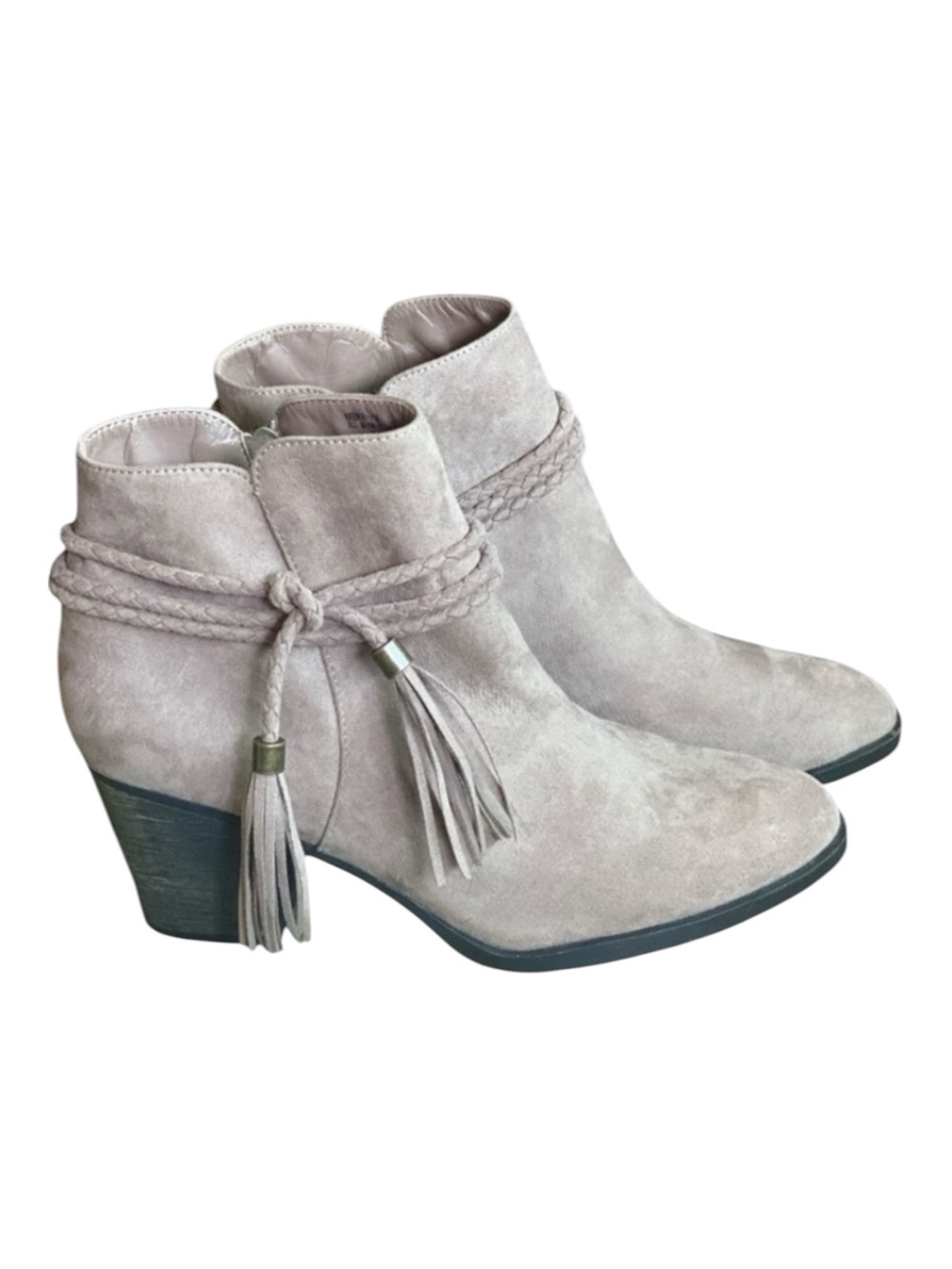 BAMBOO Tassel Suede Ankle Boots 3” Heel Tan Women’s Size 10 Side Zip New Withou…